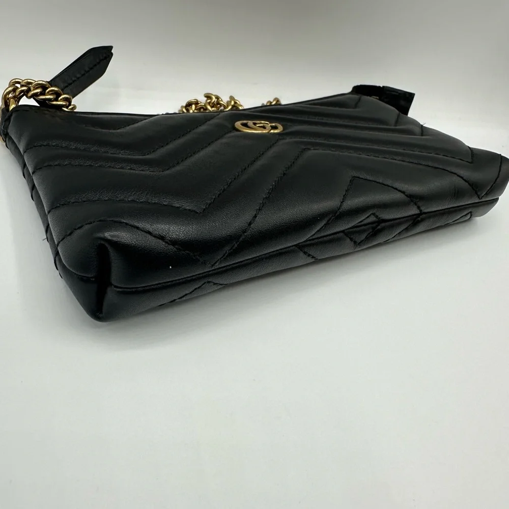 Gucci GG Marmont Matelassé Chain Wristlet Pouch Black Leather Authenticated